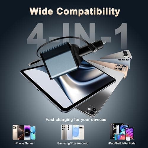 Retractable Car Charger, 5-in-1 120W Super Fast Car Charger Adapter with Retractable Cables and Voltage Display 12V Car USB Adapter Cigarette Lighter USB Charger Compatible with iPhone, Android, Broke — view 4