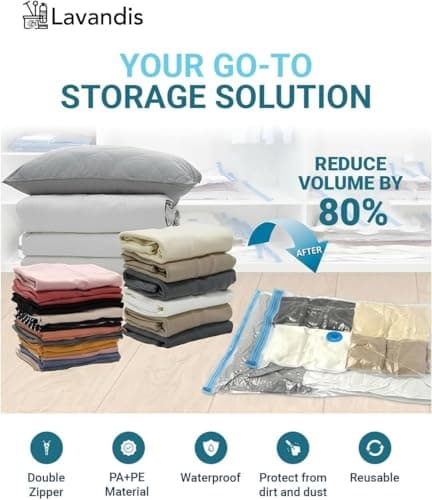 LAVANDIS Travel Vacuum Storage Bags for Clothes with Hand Pump – Reusable Airtight Compression Bags, Space Saver Bags for Travel & Home Organization, Luggage Packing Essential (6) — view 3