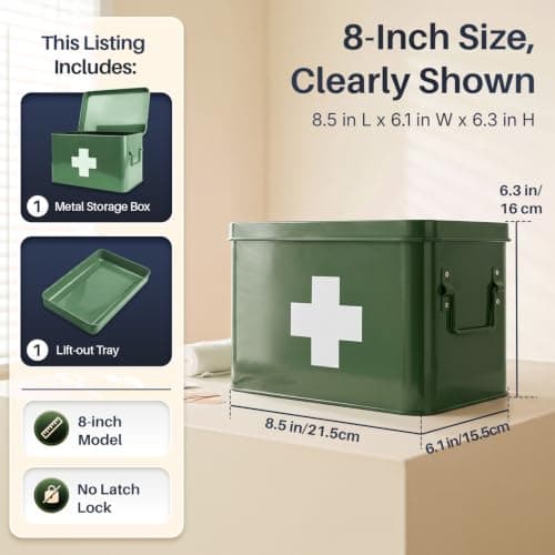 Flexzion Large Metal First Aid Box Empty, 8.5-Inch, Green with White Cross — view 4