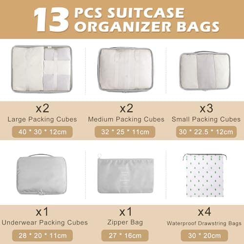 Packing Cubes for Suitcases, 13PCS Multifunction Luggage Suitcase Organiser Bags, Waterproof Travel Packing Cubes for Backpack, Essential Travel Cubes Clothes Shoes Storage Bags (Grey) — view 5