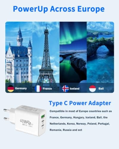 EU plug travel adapter charger, European wall adapter with 2 USB-C fast charging ports and 1 USB-A port, European universal fast charger compatible with iPhone and Samsung — view 5
