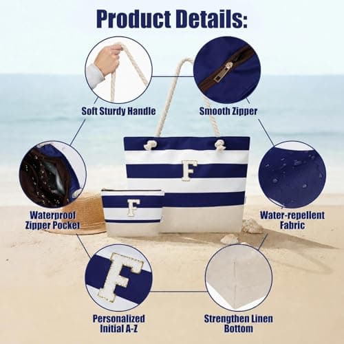 Vavabox Initial Beach Bag with Zip＆Pockets, Personalised Gifts for Women(K) — view 4
