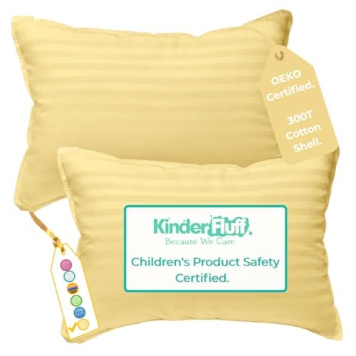 kinder Fluff Children Pillow (2Pack) [25x38cm]- First Pillow for Kids Age 2+, 100% Cotton Sateen Stripes Shell 300T, Down Alternative Fill, Machine Washable - Children & Travel Cushion - Yellow - XS
