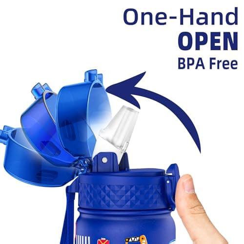 GOPPUS 420ml/14oz Kids Insulated Water Bottle with Straw Double Wall Stainless Steel Child's Small Flask Vacuum Metal Leak Proof Drink Flask Boys Toddler Girls BPA-Free (Blue Construction Vehicle) — view 3
