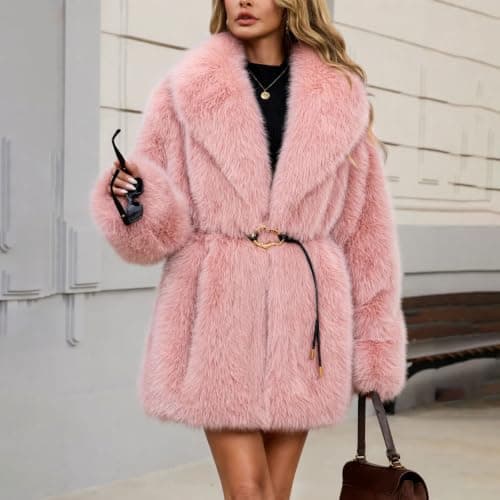 Pink Womens Faux Fur Coat Lapel Belted Warm Winter Jacket with Pockets XL — view 6