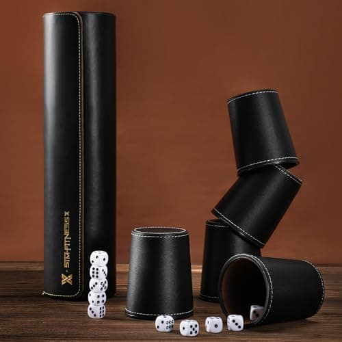 X SIM FITNESSX Leather Dice Cup Set, 5 Black Leather Dice Cups + 25 Dice + Exclusive Storage and Transport Case Made of Faux Leather with Magnetic Closure — view 5