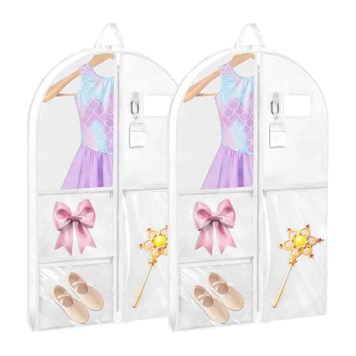 2 Packs 39.37 Inch Dance Costume Garment Bag for Travel with Handles, Kids Hanging Clothes Cover for Girls Closet Storage with 3 Clear Zipper Pockets & 1 Large Zipper Pocket (White)