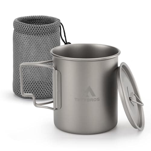 THTYBROS Titanium Cup 450ml (15oz) Ultralight Camping Mug with Foldable Handle & Lid, Pure Titanium Cookware for Outdoor Hiking, Backpacking, Picnic, and Campfire