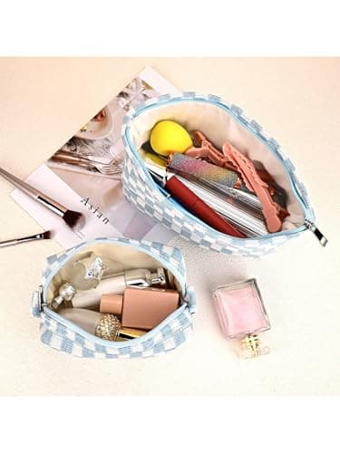 Makeup Bag, Birthday Gifts for Women, Large Small Capacity Checkered Travel Make up Bag, 2 Pack Cosmetic Bags Portable Toiletry Bag for Mom Sister Friends Girls — view 4