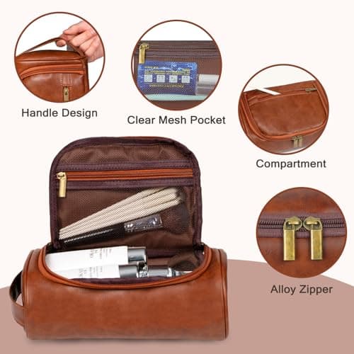 Leather Toiletry Bag Mens Wash Bag with 3 Compartments - Travel Toiletry Bag for Gym & Shaving, Small Washbag for Men, Perfect Travel Gifts for Men — view 3