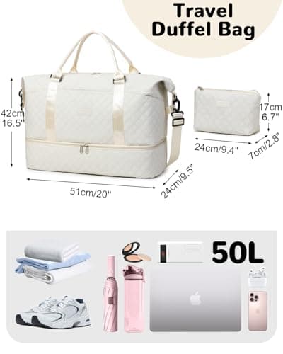Outplea 50L Travel Duffel Bag Women, Large Weekend Overnight Holdall Bag with Toiletry Pouch, Maternity Hospital Bags with Shoe Compartment & Wet Pocket, White — view 2