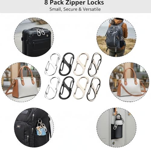 8 Pcs Zipper Locks with Carabiner Clip, Black Silver Gold Anti Theft Travel Locks, Small Theft Deterrent Bag for Luggage Backpacks Traveling Bags and Handbags​ — view 4