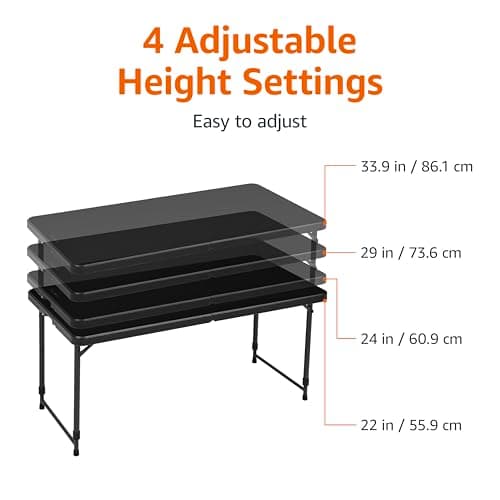 Amazon Basics 4-Foot Folding Table with Adjustable Height, Lightweight Portable Folding Tables for Indoor & Outdoor, Auto-Locking Legs, Carrying Handle, 121.4 x 60.7 x 86.1 cm, Black — view 3