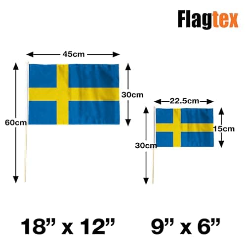 Flagtex Sweden Pack of 2 Hand Waving Flag (9x6 Inch) - Premium Wooden Stick Hand Flag 9x6 Inch Natural Wood Pole European Blue Yellow Nordic Cross Flag Events Parades Celebrations — view 4