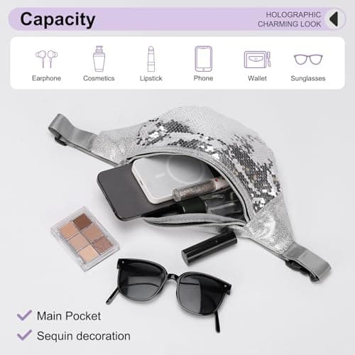 DTGN Sequined Fanny Pack for Women, Cute Waist Belt Bag, Crossbody Bag Water Resistant Fashion Small Bum Bag with Adjustable Belt for Running Hiking Shiny Silver — view 4