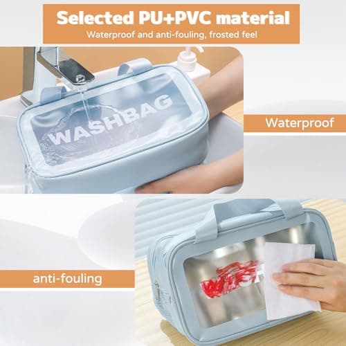 Large Clear Wash Bag, Dry Wet Segregation Toiletry Bag with Hollow Mesh Portable Makeup Bag PVC Waterproof Cosmetic Bag Travel Toiletries Bags for Women Men (Large-Blue) — view 4