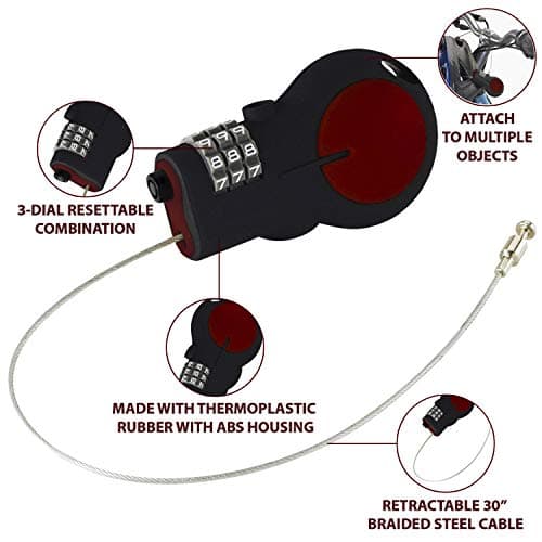 Lewis N. Clark LOC88RED TSA Approved Padlock & Bike Lock for Luggage + Travel, Set Your Combo w/30in Retractable Steel Cable, Red — view 2
