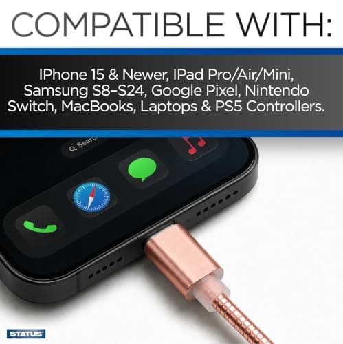 Status USB A to USB C Charge Cable, 1M Durable, 5w Charging Cable, High-Speed Data Sync, Rose Gold Metal, (Pack of 1), ATC1MMRGL10 — view 5