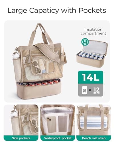 bagsmart Women Beach Bag with Cooler, 40L Mesh Tote Bag Sandproof Foldable Vacation Essential for Pool Travel Swimming Holiday — view 4