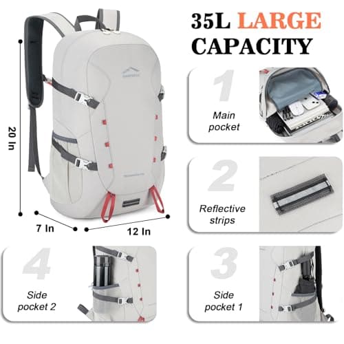 BAGPARKK 35L Lightweight Packable Travel Hiking Backpack Daypack,Water Resistant Camping Daypack (Light Gray) — view 3