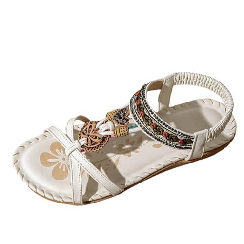 Flat Sandals Women's Summer Sandals Women's Elegant Roman Sandals Open Toe Summer Shoes Boho Vintage Women's Sandals Ethnic Women's Shoes Flat Sole Beach Sandals for Travel, Holiday, Mint Green, 4 UK