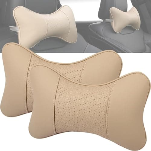 2 Pieces Car Neck Pillows for Lexus ES Sedan ES Hybrid/ES 200 /ES 240, Ergonomic Memory Foam Neck Support Cushion Pillow PU Leather Seat Head Neck Rest Cushion for Travel Driving, C/Beige — view 2