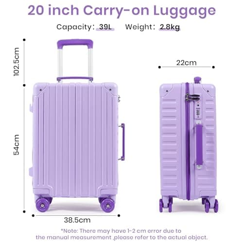 Tavoxda Carry on Suitcase PC Hard Shell Super Lightweight Small Travel Case Cabin Luggage with 4 Wheels TSA Lock for Women, 20" Purple — view 2