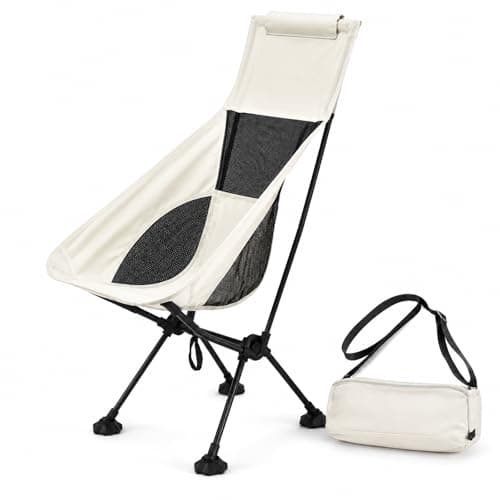 GOOGO High Back Camping Chair, Folding Camping Chair with Side Pocket, 80 x 41 x 87 cm, 150 kg Capacity, 600D Oxford Portable Outdoor Chair for Garden, Beach, Fishing and Picnic (White)