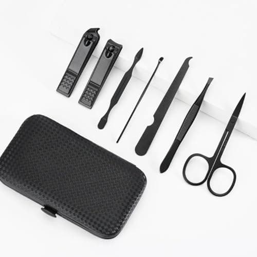 Manicure Set, Portable Nail Clippers & Eyebrow Grooming Kit, Nail Care Tools, Pedicure Tools, Grooming Tools for Travel & Home, Gift for Men, Women, Friends and Parents (7 pieces) (Black & Red) — view 2