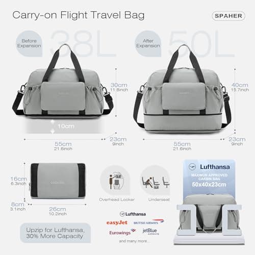 SPAHER Large Travel Duffle Weekend Bags Foldable Cabin Bag 55x40x23 Lufthansa Wizzair with Wet Pocket for Gym Overnight Women Men Waterproof Carry on Underseat Hand Luggage with 2 Toiletry Bag — view 2