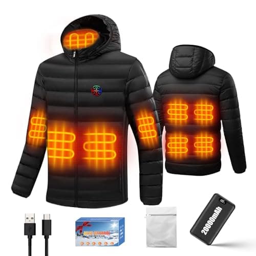 Heated Jacket, 9 Zones & 3 Temperature Levels Usb Heated Down Jacket with 7.4V 20000mAh Power Bank, Upgraded 5 in 1 Heated Gilet Coat for Men Women, Removable Hood, for Outdoor Camping Hiking, XL