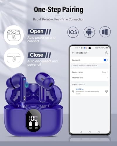 Wireless Earbuds, Bluetooth 5.4 Headphones In Ear with 4 ENC Mic, 2026 Wireless Earphones Noise Cancelling Deep Bass, LED Display, Bluetooth Earbuds 36H Playtime, IP7 Waterproof Ear buds, Dark Blue — view 4