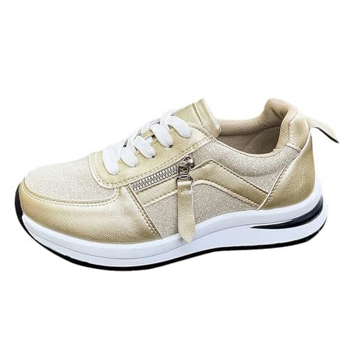 Womens Gym Trainers Wide Fit Womens Orthopedic Trainer with Arch Support Cushion Memory Foam Wedge Trainer Running Shoes Non Slip Platform Walking Sneakers Sport and Outdoor Shoes Gold 6.5