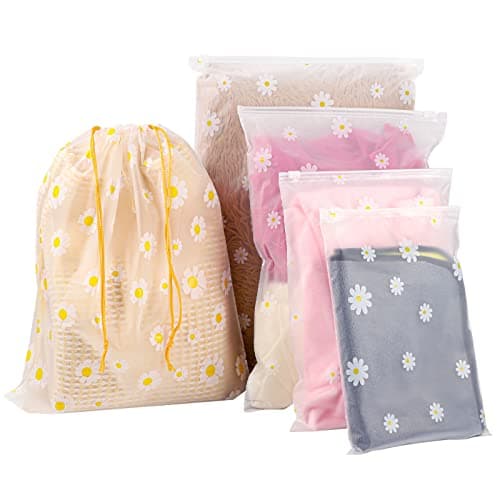 10 Pcs Travel Storage Bags, 2 Pcs Drawstring Storage Bags and 8 Pcs Ziplock Bags, Reusable Clothes Storages Bag Waterproof Luggage Organiser Frosted Bag for Packaging Clothing Shoes (5 Size Mixing)