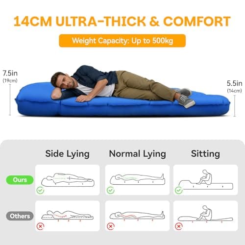 Camping Mat Double 14Cm Extra Thick & Wide Camping Mattress with Built-In Foot Pump & Pillow, Durable Compact Waterproof Inflatable Sleeping Pad for Camping, Backpacking, Hiking, Tent Trap Traveling — view 2
