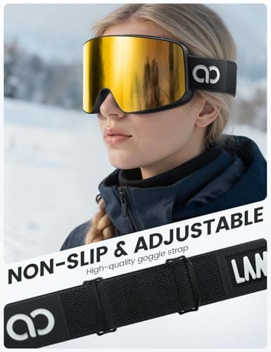Lamicall Ski Goggles, Skiing Goggles - 【HD Anti-fog Lens】 UV400 Protection Snow/Snowboard Goggles with Wide OTG Over Helmet Compatible, Anti-glare for Men & Women - Black Frame Gold Lens — view 4
