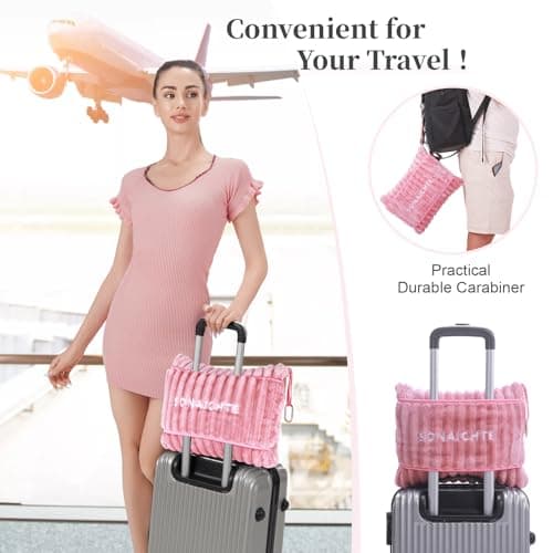 SONAICHTE travel blanket travel blanket airplane compact with bag 2 in 1 travel pillow and blanket set road trip essentials travel pillow and blanket car camping essentials(Light Pink) — view 3