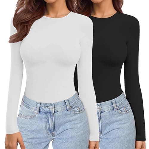 Ekouaer Womens 2 Pack Long Sleeve Tops Thermal Shirts Black+White M