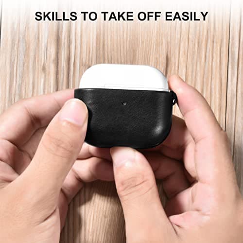 Case for AirPods 3 2021, ICARER Premium Genuine Leather Portable Shockproof Protective Case Cover for Apple AirPods 3rd 2021 Earphones Charging Case (LED Visible) Support Wireless Charger (Black) — view 3