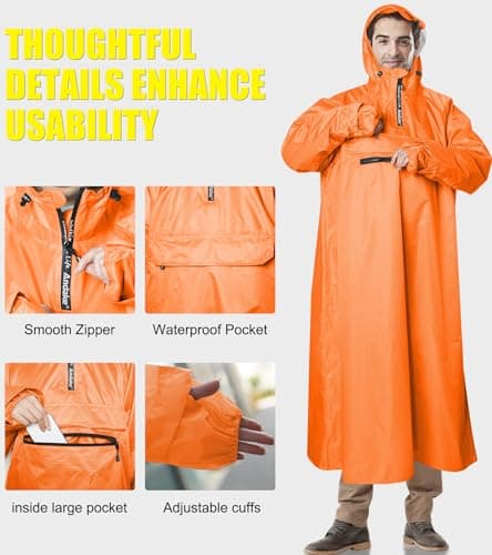Andake Rain Poncho Rain Jacket Lightweight Waterproof for Men and Women, Packable Windproof with Hood for Hiking, Cycling, and Outdoor Activities Orange — view 4