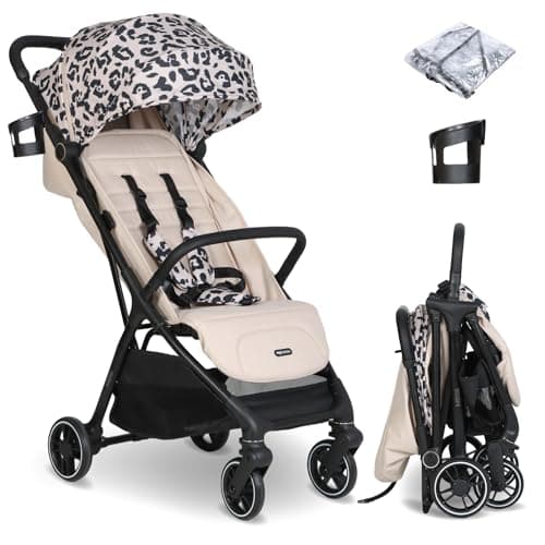 My Babiie MBX6 Autofold Stroller – from Birth to 4 Years (22kg), Foldable & Compact, Lightweight, Travel Buggy for Toddlers, Pushchair Includes Rain Cover - Fawn Leopard