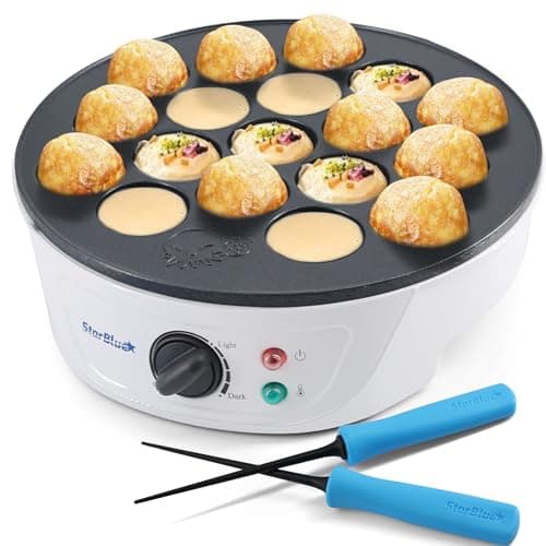 StarBlue Takoyaki Maker Machine with FREE Takoyaki Picks - Temperature Control 18 Holes Electric Pan for Japanese Octopus Balls 220V 60Hz 700W UK Plug with EU Adapter, SB-JC503