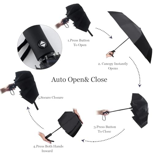 DDUP Travel Windproof Umbrella, Wind Resistant Compact Travel Folding Umbrellas, Auto Open Close Strong Wind Proof Rain Proof with 8 Strong Ribs golf umbrella for Men & Women (Black) — view 4