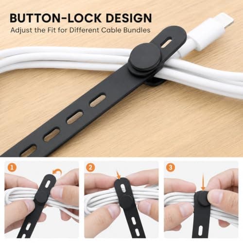 Silicone Cable Ties, Black Adjustable Wire Organisers, Reusable, 10 Pack — view 4