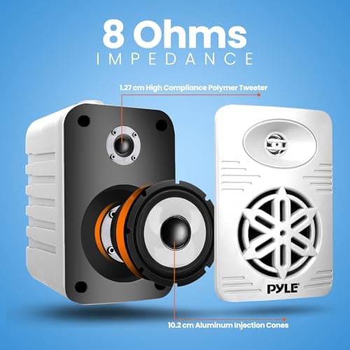 Pyle Indoor Outdoor Speaker Pair, 300W Dual Waterproof 10cm 2-Way Full Range Sound System with 1cm High Compliance Polymer Tweeter, Wall Mounted Bluetooth FM Portable Audio System, White — view 6