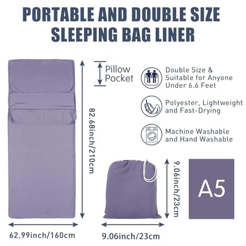 Plliocse Sleeping Bag Liner Travel Sheet Sleeping Bag, Double Size 160 x 210 cm Sleeping Bags Liners with Pillow Pockets for Adults, Travel, Hotels, Business Trip, Camping (Purple, 160cm x 210 cm) — view 2