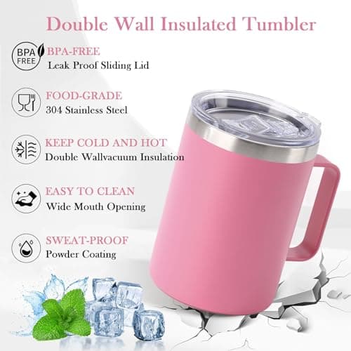 YueXing 16oz Black Insulated Coffee Mug with Handle, Leakproof Double Wall Stainless Steel Travel Mug with Sliding & Straw Lid, Dishwasher Safe for Camping Commuting Hot Cold Drinks (Pink) — view 3