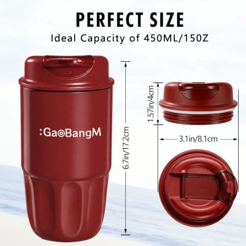 : GaoBangM 450ml Travel Mug, Insulated Coffee Cup with Leakproof Lid, Red — view 5
