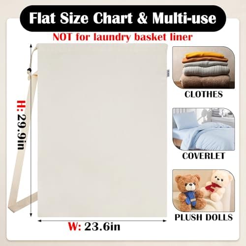 Canvas Laundry Bag with shoulder Strap 23"W x 29"H, Large Drawstring Dirty Clothes Bag Washable Laundry Sack for College Dorm, Travel, Home, Camp (Beige) — view 2