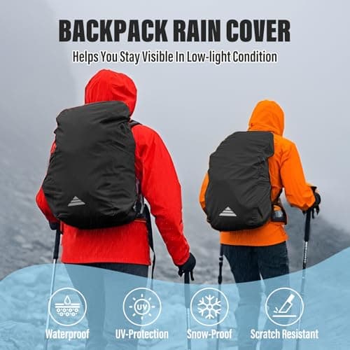Fiohiros 2pcs Waterproof Backpack Cover with Reflective Strap (15-50L), Lightweight Foldable Rucksack Rain Cover Waterproof Rainproof Snowproof for Hiking Camping Touring Cycling (Black+Black, XS) — view 5
